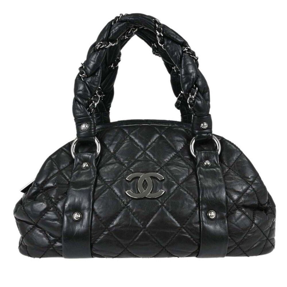 Chanel Lady Braid Bowler Quilted Distressed Calfskin Black Leather Handbag